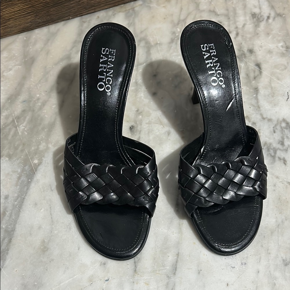 Franco Sarto Black Braided Leather Slide Mules